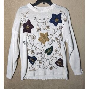 Vintage Floral Applique Embroidered Knit Sweater Womens Cottagecore Boho Large